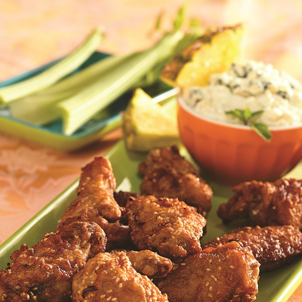 Hawaiian Chicken Wings with Pineapple Blue Cheese Dip