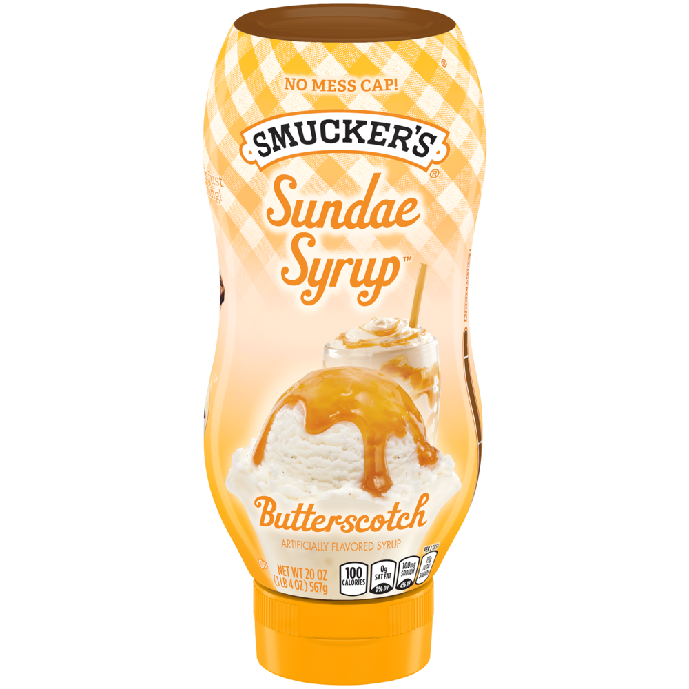 Smucker's Butterscotch artificially flavored Sundae Syrup in a yellow colored squeeze bottle
