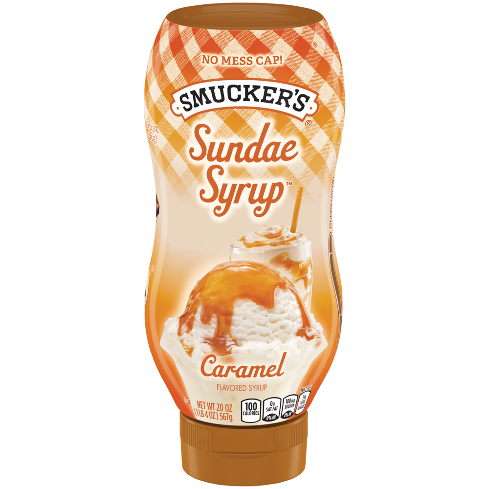 Smucker's Caramel flavored Sundae Syrup in a amber colored squeeze bottle