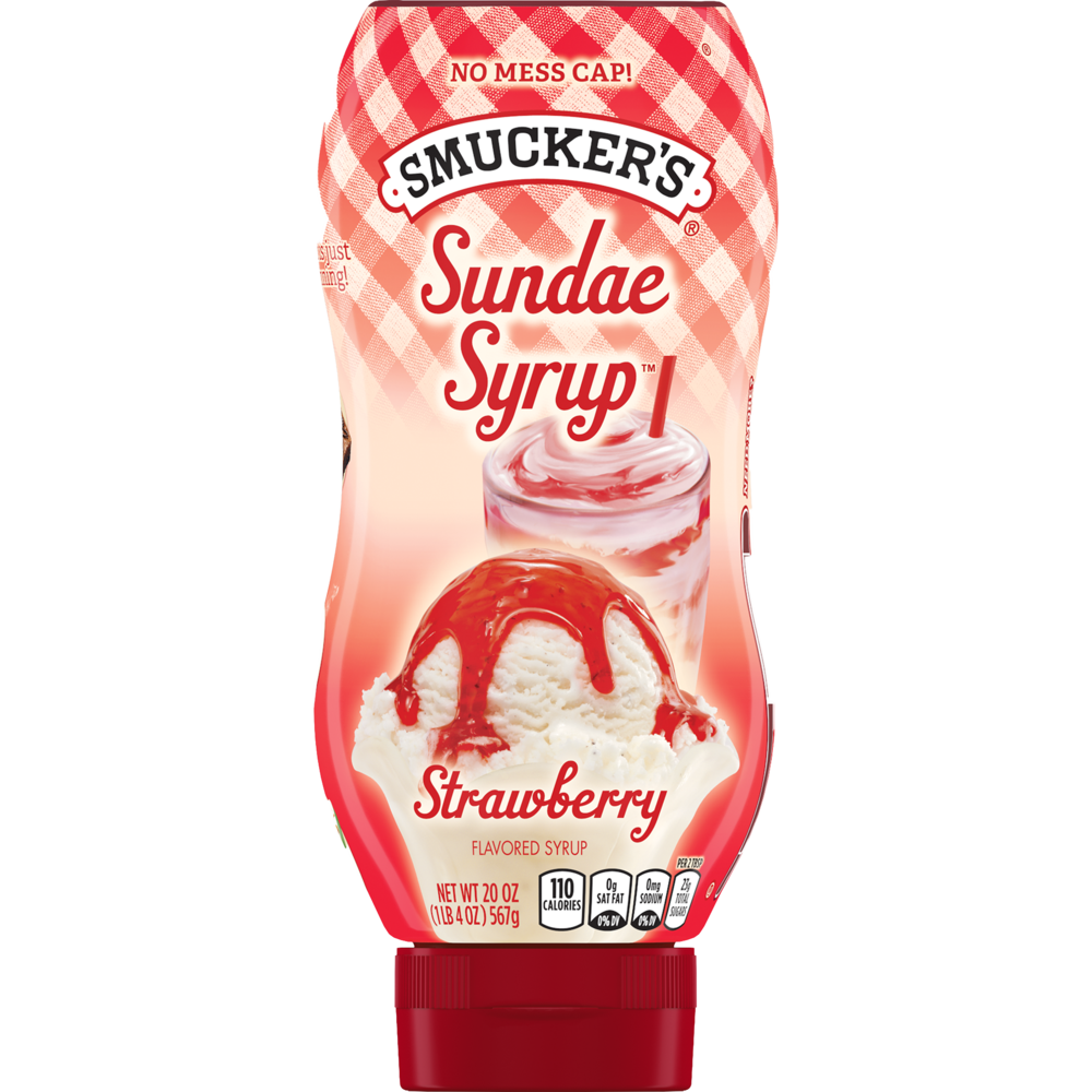 Smucker's Strawberry flavored Sundae Syrup in a red colored squeeze bottle