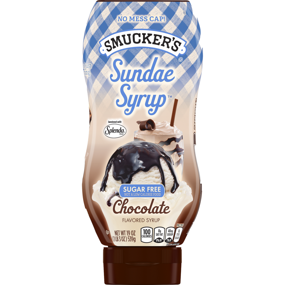 Smucker's Sugar Free Chocolate flavored Sundae Syrup in a blue and brown colored squeeze bottle